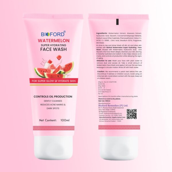 Bioford Watermelon Face Wash – Hydrating Cleanser for Fresh, Radiant Skin, Reduces Acne Marks & Dark Spots 100ml - Image 2