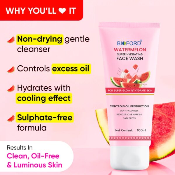 Bioford Watermelon Face Wash – Hydrating Cleanser for Fresh, Radiant Skin, Reduces Acne Marks & Dark Spots 100ml - Image 3
