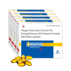 Omegafon Fatty Acid , Cod liver , Evening Primrose oil & Vitamin E Acetate gelatin Capsules for Heart, Brain & skin Health.