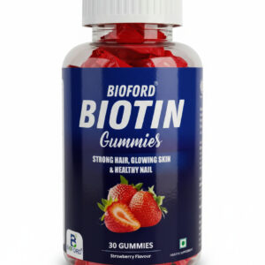 Bioford Biotin Hair Gummies | No Added Sugar | With Biotin, DHT Blockers, Vitamin A, C, E, Fibre & Zinc | For Stronger and Healthier Hair | 100% Veg & Gut Friendly | Strawberry Flavour | 1 X 30