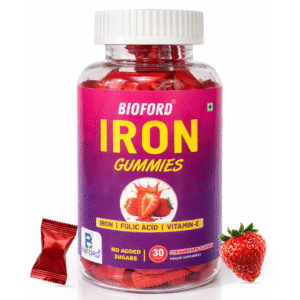 Bioford Iron Gummies With Folic Acid & Vitamin E | Strawberry Flavour | No Sugar Added | 30 Gummies | Supports Hemoglobin, Energy & Immunity