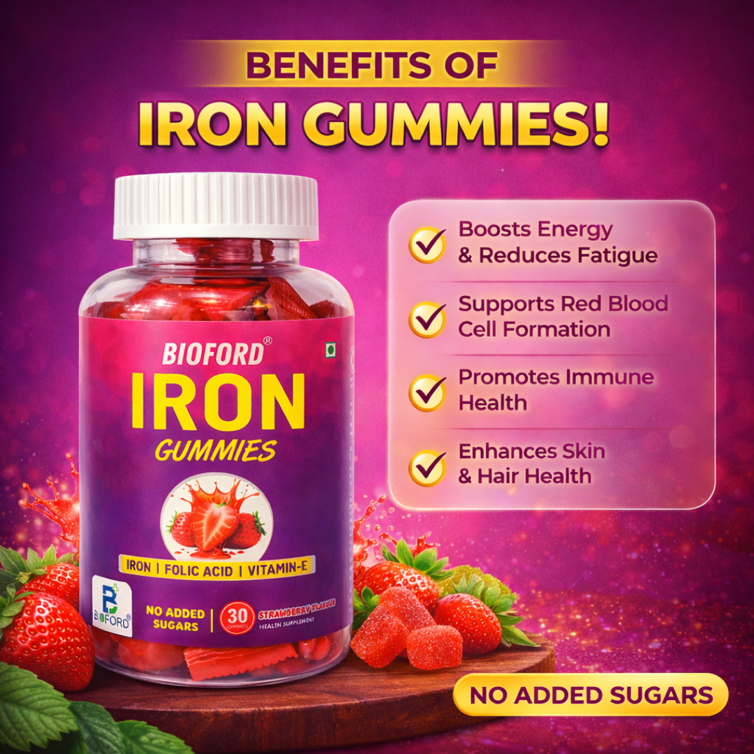 Bioford Iron Gummies With Folic Acid & Vitamin E | Strawberry Flavour | No Sugar Added | 30 Gummies | Supports Hemoglobin, Energy & Immunity - Image 2